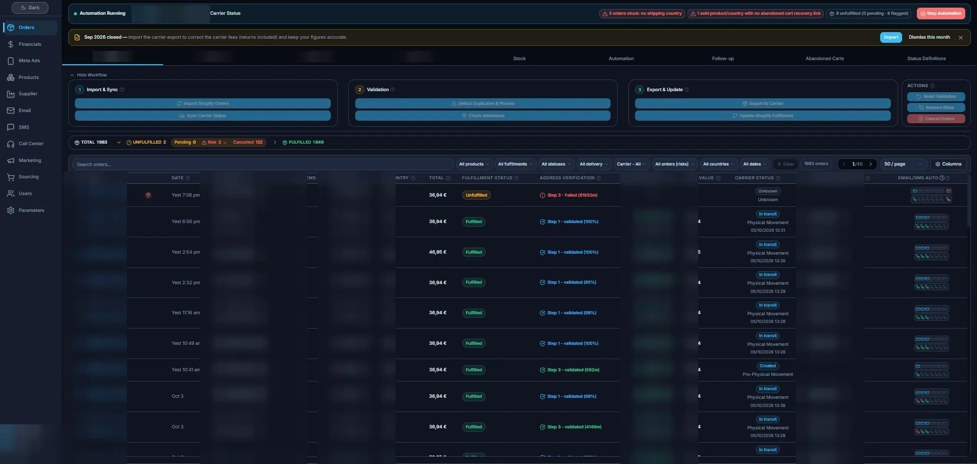 Order workflow: import and sync, validation, export to carrier, with live carrier status on each order (names hidden)