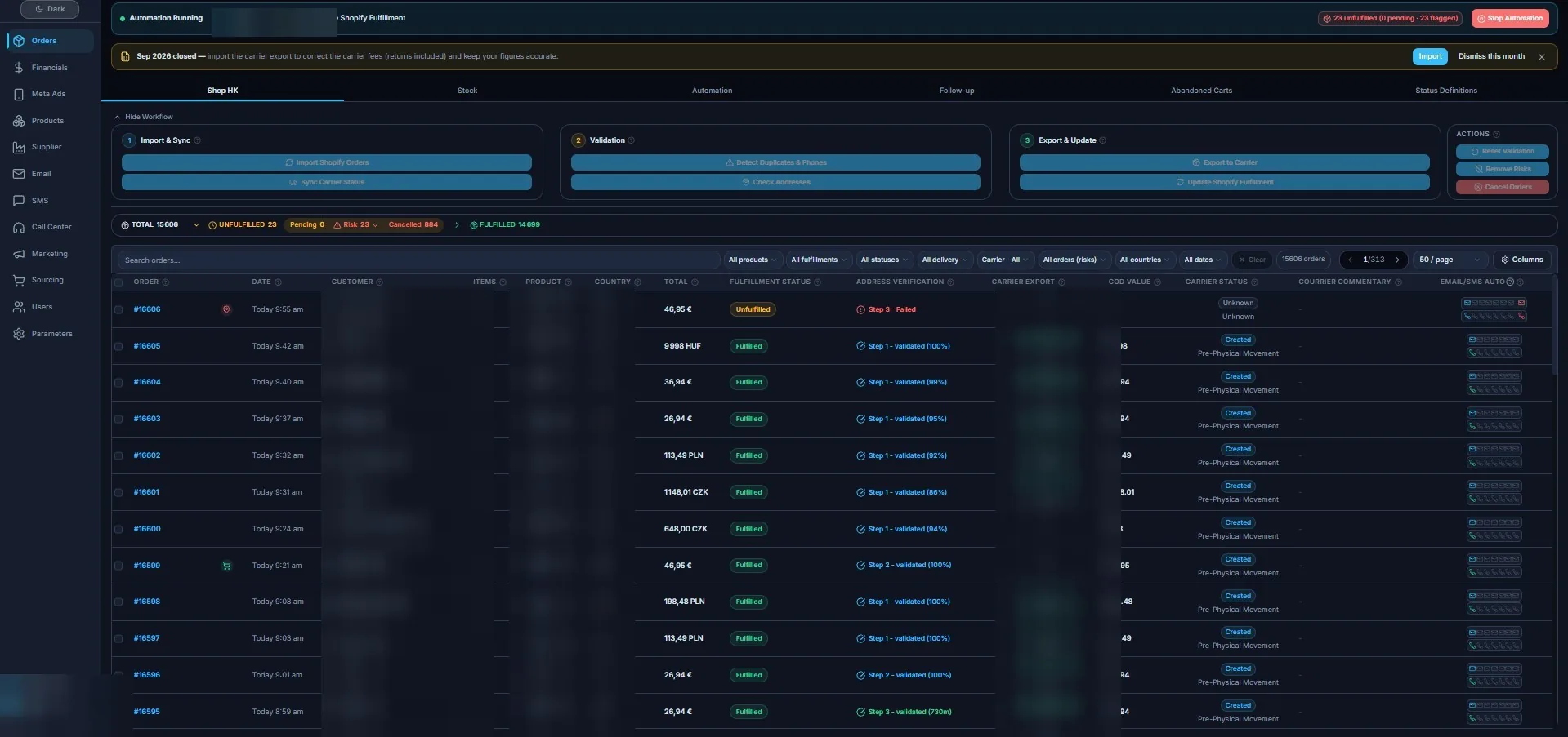Order pipeline with confirmation, address validation and carrier status (customer data hidden)