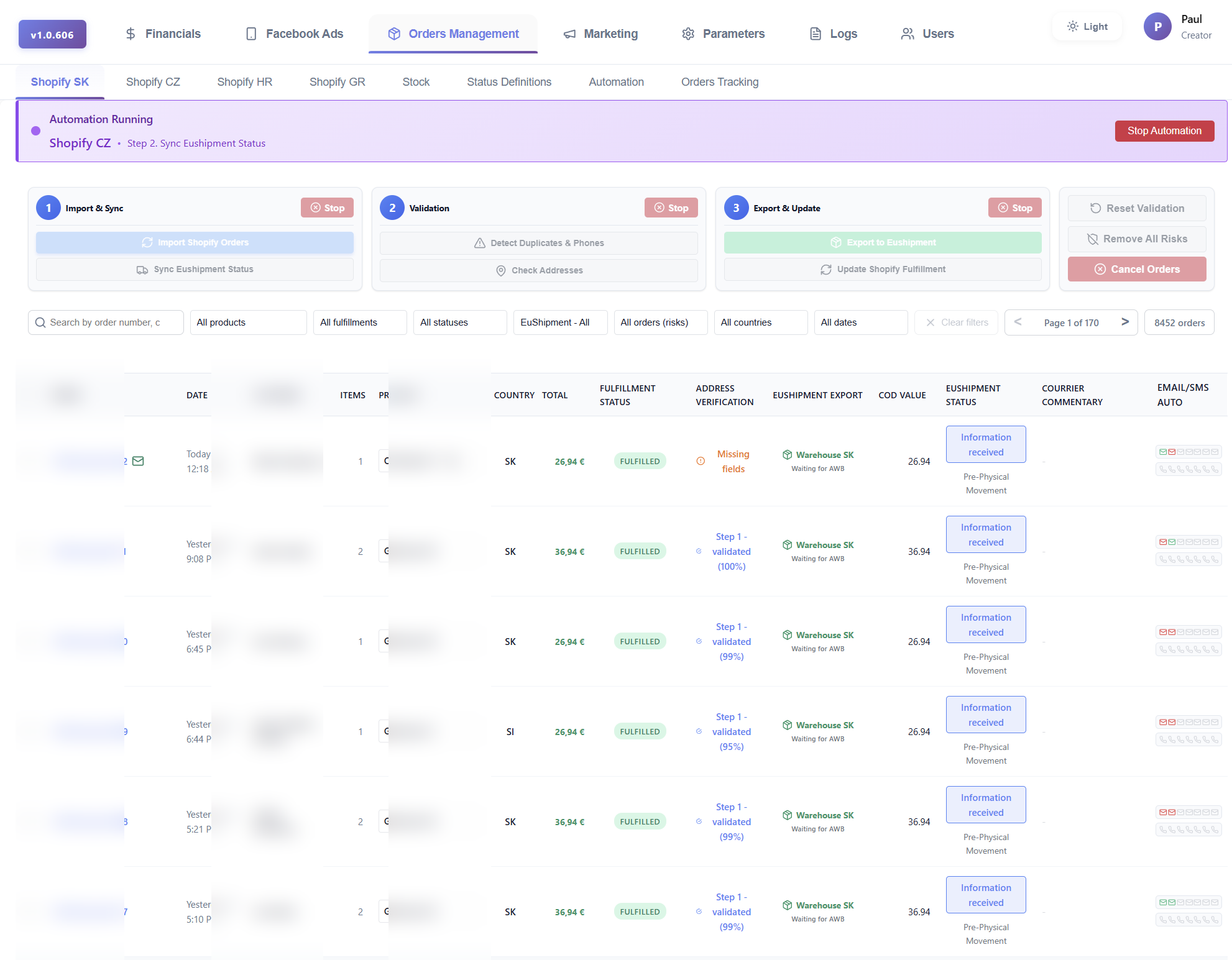 COD Manager orders management interface with 8452 orders across 4 Shopify stores