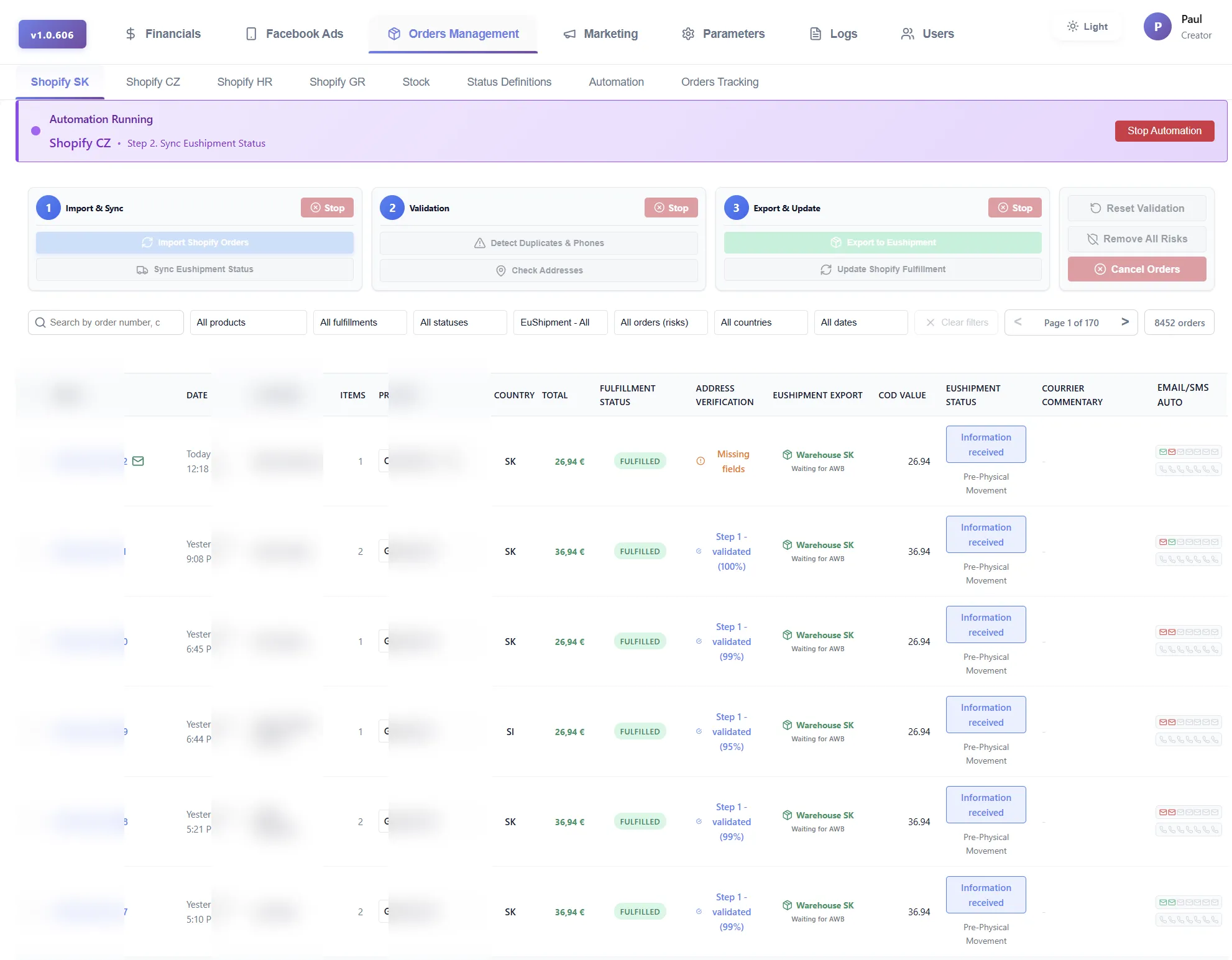 COD Manager orders management interface with 8452 orders across 4 Shopify stores