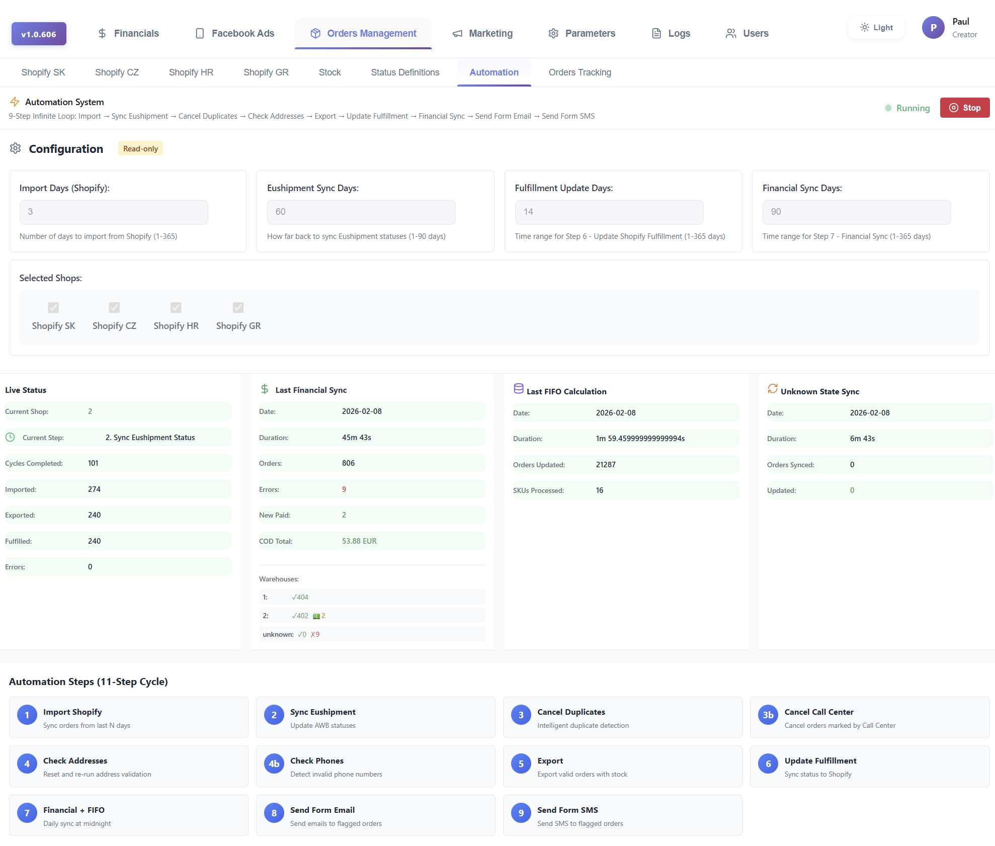 Automation system with 11-step cycle configuration and live monitoring
