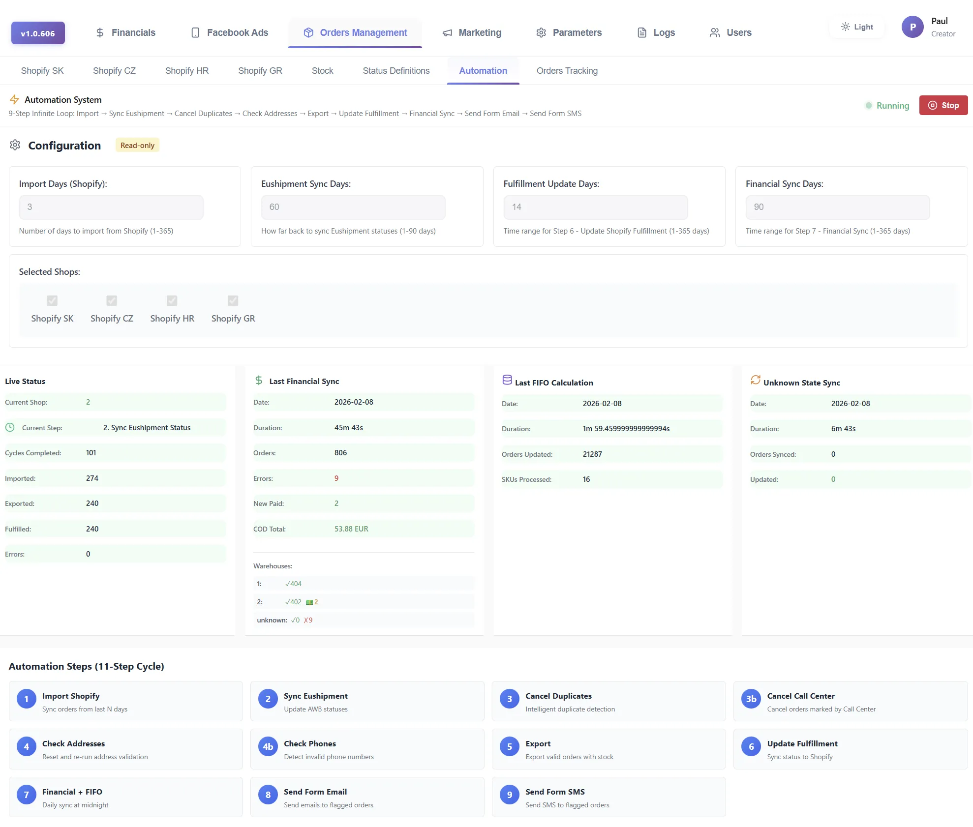 Automation system with 11-step cycle configuration and live monitoring