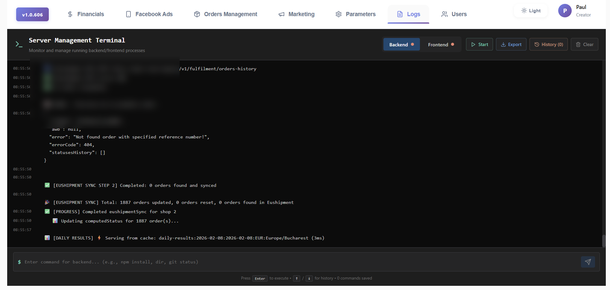 Server management terminal with real-time API logs and error handling