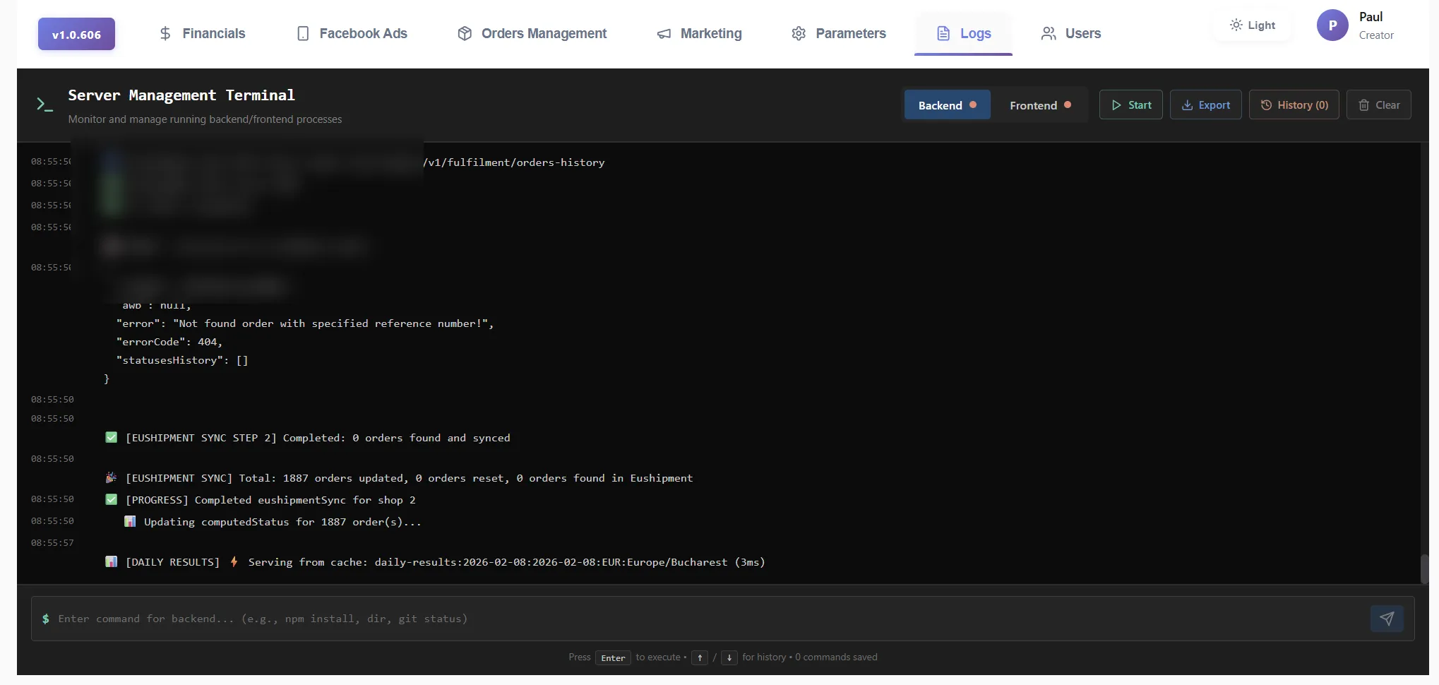 Server management terminal with real-time API logs and error handling