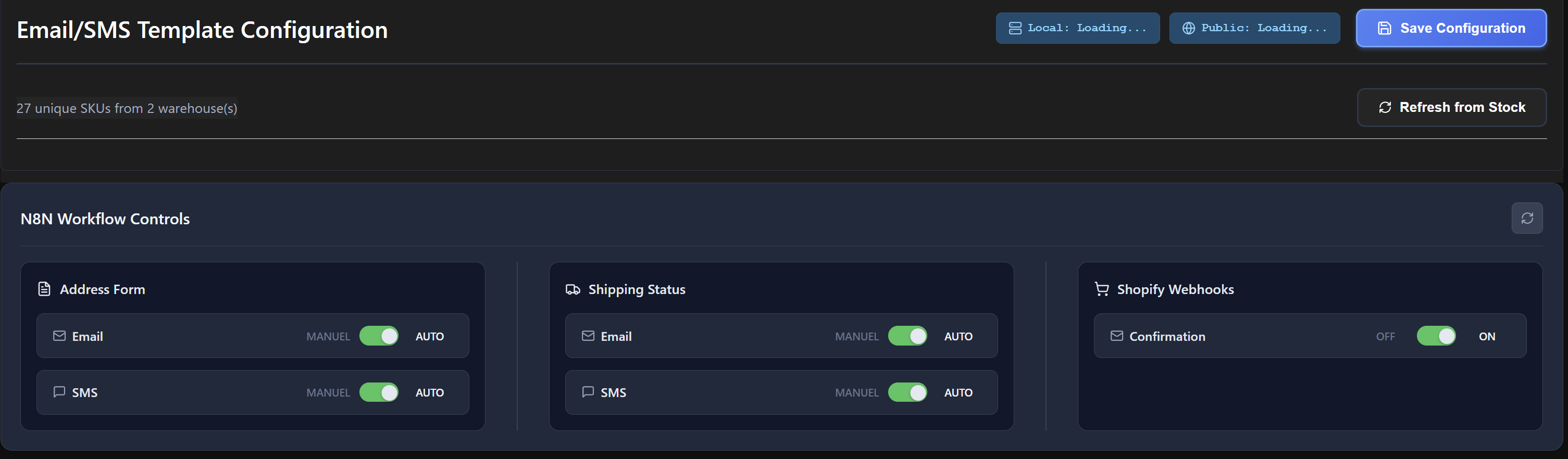 N8N workflow control panel with Manual and Auto toggles for each workflow
